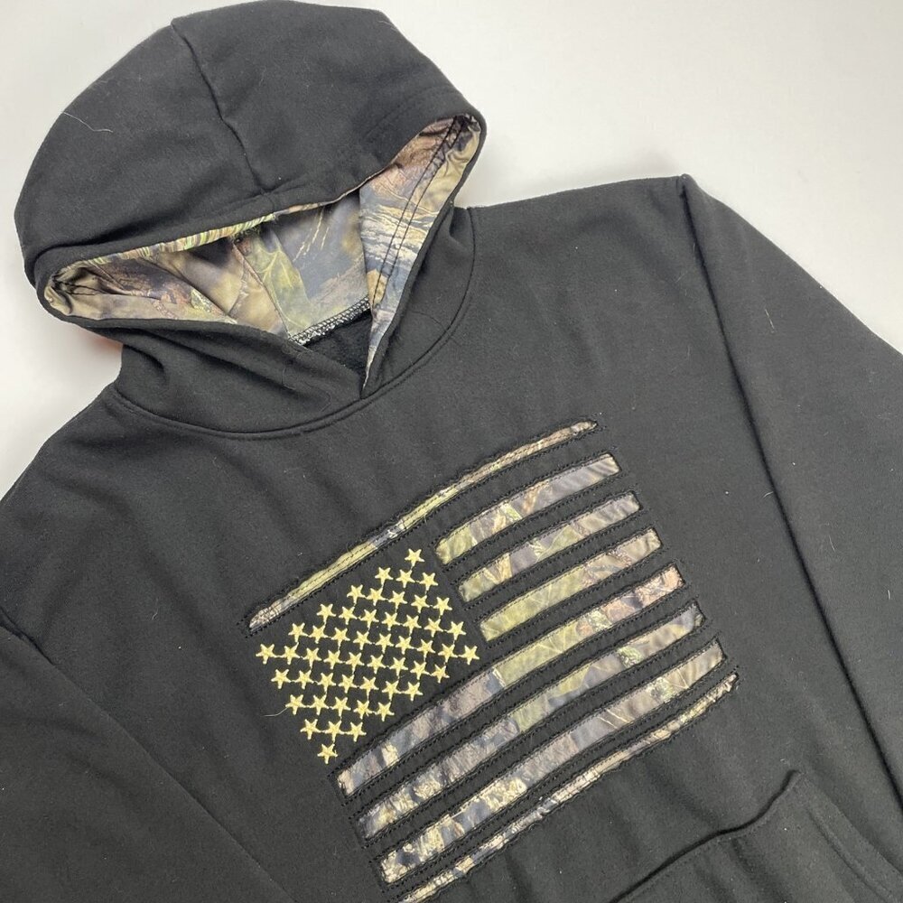 Mossy Oak Hoodie Sweatshirt Mens XL Camo Flag Pullover Hooded Outdoors Black